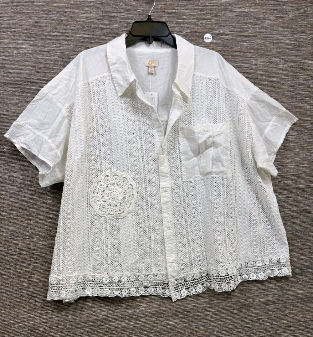 LOGO Lavish by Lori Goldstein 100% Cotton Mixed Media Lace Shirt Sz 2X White NEW